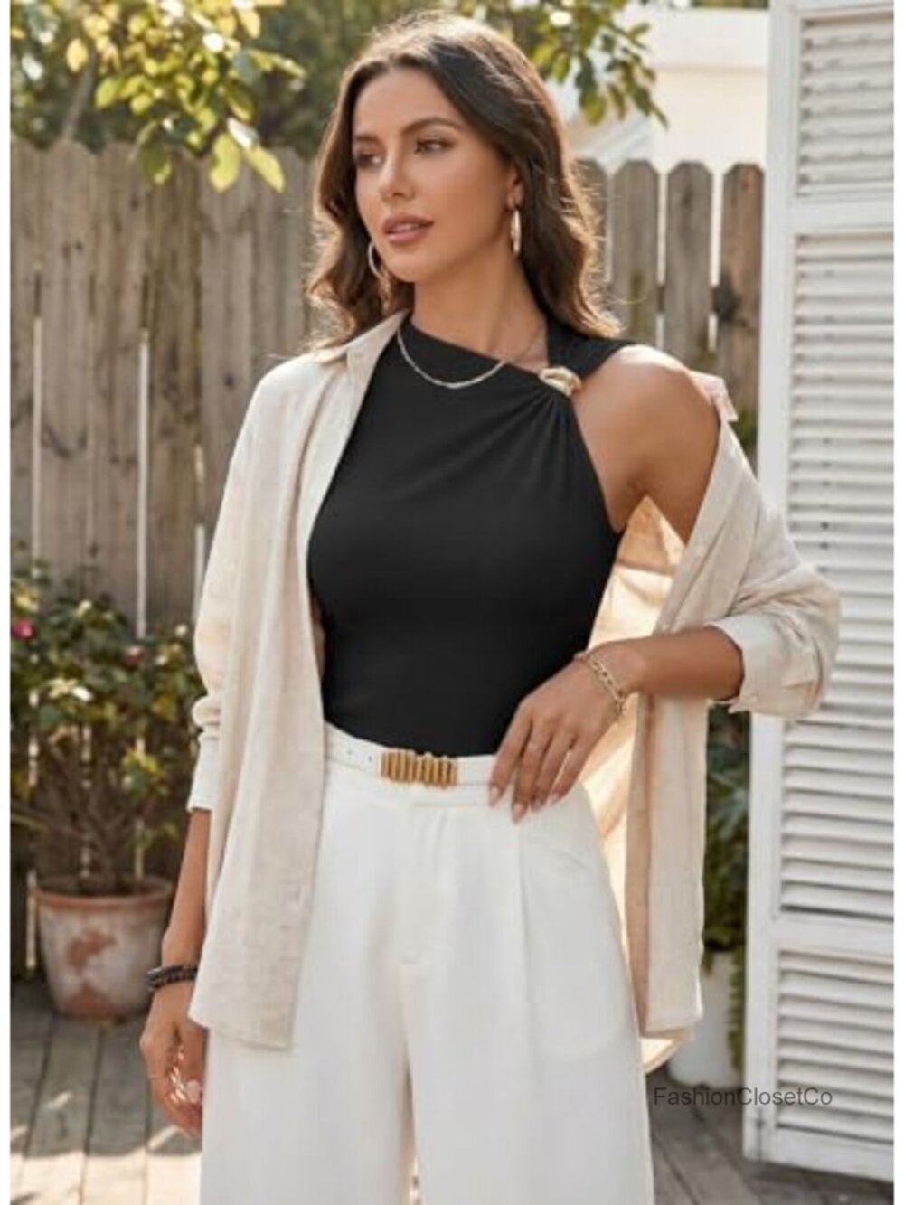 Sleeveless Asymmetric Neck Tank Top Ribbed Slim Fit with Gold Ring Detail - Picture 4 of 6